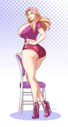 1girl alex_cherrygum_(devil-v) ass blonde_hair breasts brown_eyes chair curvy devil-v full_body high_heels highres hip_focus huge_ass huge_breasts large_breasts legs multicolored_hair original purple_lips solo thick_thighs thighs two-tone_hair wide_hips rating:Questionable score:66 user:gougetsu00