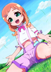 1girl alternate_breast_size blue_sky breasts clothing_cutout cloud cloudy_sky commentary cropped_shirt day dutch_angle frilled_cuffs frilled_sleeves frills grass green_eyes hair_ornament hairclip high_collar highres inukai_iroha looking_at_viewer medium_breasts medium_hair midriff neck_ribbon on_ground open_mouth outdoors panties panty_peek pink_hair pink_ribbon precure purple_shorts ribbon ryuuta_(cure_ryuuta) shirt short_sleeves shorts shoulder_cutout sitting sky smile solo suspender_shorts suspenders underboob underwear upshorts wariza white_shirt wind wonderful_precure! 