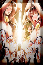 6+girls animal_ears animal_print arms_up barcode barcode_tattoo bell blush breasts collar cow_ears cow_print gigantic_breasts highres lactation mole mole_on_breast multiple_girls neck_bell nipples open_mouth original pregnant shizuki_shuuya tattoo tongue tongue_out rating:Questionable score:22 user:danbooru