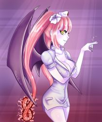  demon_wings ebola-chan personification pink_hair syringe wings  rating:Questionable score:3 user:lastnonce