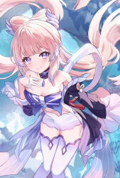  1girl @lm absurdres bare_shoulders blue_gemstone blue_hair bow-shaped_hair breasts cleavage closed_mouth colored_tips detached_collar detached_sleeves floating_hair gem genshin_impact gloves half_gloves hand_up highres long_hair long_sleeves looking_at_viewer medium_breasts multicolored_hair pink_hair purple_eyes sangonomiya_kokomi sidelocks smile solo thick_eyebrows thighhighs vision_(genshin_impact) white_gloves white_thighhighs wide_sleeves 