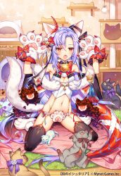  1girl age_of_ishtaria animal_ears animal_hands arms_up bare_shoulders bell black_thighhighs blush bow breasts cagliostro_(age_of_ishtaria) cat cat_day cat_ears cat_paws cat_tail cleavage cleavage_cutout clothing_cutout copyright_name copyright_notice fang fish_hair_ornament full_body gloves hair_ornament highres horns indoors long_hair looking_at_viewer munlu_(wolupus) navel official_art open_mouth orange_eyes paw_gloves purple_hair red_bow single_horn sitting sleeveless solo tail thighhighs 