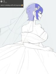  1girl blue_hair breasts bridal_veil cleavage closed_eyes cropped_legs dress huge_breasts neukpu persona persona_4 shirogane_naoto short_hair simple_background solo standing veil wedding_dress white_dress  rating:Sensitive score:6 user:animeboy12