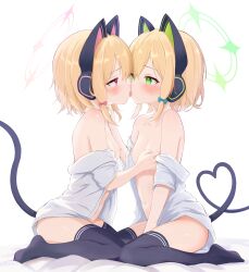  2girls absurdres animal_ear_headphones animal_ears black_thighhighs blonde_hair blue_archive blush breasts cat_tail collared_shirt commentary_request fake_animal_ears flat_chest french_kiss green_eyes green_halo halo headphones highres incest kiss loli midori_(blue_archive) momoi_(blue_archive) morizono_(arue01) multiple_girls nipples pink_halo red_eyes shirt short_hair short_sleeves siblings sisters small_breasts tail thighhighs twins white_shirt yuri 