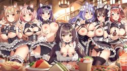 6+girls ahoge akusema animal_ear_fluff animal_ears bell black_bow black_bra black_gloves black_hair black_legwear black_skirt blue_eyes blush bow bra bra_lift breast_hold breasts breasts_squeezed_together bridal_gauntlets brown_hair cake cat_ears cat_girl cat_tail chandelier chieru_(princess_connect!) clothes_lift collar covered_erect_nipples cowboy_shot egg_(food) embarrassed extra_ears fang food french_fries fried_egg garter_belt gloves green_eyes hair_bow harem highres holding holding_menu ilya_(princess_connect!) indoors karyl_(princess_connect!) large_breasts lifted_by_self looking_at_viewer menu micro_bra misato_(princess_connect!) misora_(princess_connect!) multicolored_hair multiple_girls neck_bell nipples nozomi_(princess_connect!) omelet omurice pink_hair pizza pointy_ears princess_connect! purple_hair red_eyes sandwich see-through shirt_lift shizuru_(princess_connect!) skin_fang skirt star_(symbol) star_in_eye streaked_hair symbol_in_eye tail thighhighs thighs underboob underwear white_collar white_hair white_wrist_cuffs window wrist_cuffs rating:Questionable score:236 user:danbooru