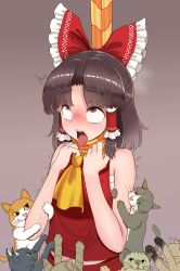 1girl ascot asphyxiation bare_arms benikurage_(cookie) bow brown_background brown_eyes brown_hair cat commentary_request cookie_(touhou) drooling hair_bow hair_tubes hakurei_reimu hanged highres looking_up open_mouth pai_kebon_baa red_bow saliva sarashi scarf short_hair sidelocks sleeveless sweat tears tongue tongue_out touhou trembling upper_body rating:Sensitive score:45 user:danbooru