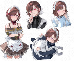  1girl alternate_costume apron black_dress blue_jacket bow bowtie breasts brown_hair center_frills cleavage corset cropped_legs cropped_torso detached_collar dress enmaided flower frilled_apron frilled_hairband frills hair_flower hair_ornament hairband highres higuchi_madoka idolmaster idolmaster_shiny_colors jacket jersey_maid long_sleeves looking_at_viewer maid mole mole_under_eye monocle multiple_views off-shoulder_dress off_shoulder patterned_background red_bow red_bowtie red_eyes short_hair track_jacket unconventional_maid victorian_maid waist_apron white_apron yumeme_818 