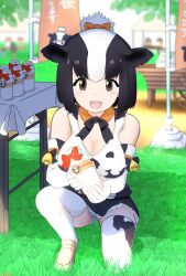  1girl :d animal_ears animal_print bell black_hair black_skirt blush bottle bow bowtie breasts brown_eyes brown_footwear cart cleavage cow_ears cow_girl cow_print gloves grass highres holstein_friesian_cattle_(kemono_friends) kemono_friends looking_at_viewer milk_bottle multicolored_hair on_grass on_one_knee open_mouth outdoors panties pantyhose people sasakura_(jgay7435) shirt skirt smile solo table thighhighs two-tone_hair underwear white_hair white_panties white_pantyhose zettai_ryouiki 