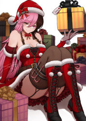  1girl alternate_costume belt boots bow breasts bridal_gauntlets brown_eyes brown_hair candy candy_cane choker christmas christmas_present cleavage closed_mouth dress food frills full_body fur-trimmed_boots fur-trimmed_dress fur-trimmed_sleeves fur_trim garter_straps gift gift_wrapping hair_between_eyes hat hat_bow heterochromia highres holding holding_gift holster knee_boots knees_up large_breasts long_hair looking_at_viewer moddedjoker neo_politan panties pantyshot pink_eyes pink_hair pom_pom_(clothes) red_choker red_panties ribbon_choker rwby santa_costume santa_hat sitting solo straight_hair suspenders thigh_holster thighhighs underwear yang_xiao_long zettai_ryouiki  rating:Sensitive score:86 user:danbooru