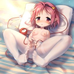 1girl absurdres ass baozishark bed blush breasts covering_privates covering_crotch feet female_focus footjob full_body hairband highres invisible_penis komeiji_satori legs loli looking_at_viewer nipples pantyhose pillow pink_eyes pink_hair pointy_ears see-through short_hair small_breasts soles solo spread_legs thighband_pantyhose thighs toes topless touhou white_pantyhose rating:Questionable score:154 user:danbooru