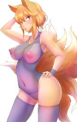 1girl animal_ears arm_up blonde_hair breasts collarbone contrapposto covered_erect_nipples dearmybrothers female_focus fox_ears fox_tail hand_on_own_hip highres large_breasts looking_at_viewer multiple_tails nipples one-piece_swimsuit open_mouth puffy_nipples purple_one-piece_swimsuit purple_thighhighs see-through skindentation solo standing swimsuit tail thighhighs touhou uncensored yakumo_ran yellow_eyes rating:Questionable score:29 user:danbooru