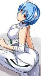  1girl ass ayanami_rei bandages blue_hair bodysuit cowboy_shot from_behind impossible_bodysuit impossible_clothes interface_headset looking_at_viewer neon_genesis_evangelion plugsuit red_eyes short_hair simple_background sketch sleeveless sleeveless_bodysuit solo standing white_background white_bodysuit  rating:Questionable score:30 user:Tiakady