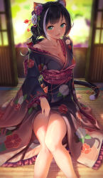  1girl absurdres animal_ear_fluff animal_ears bare_legs black_hair blurry braid breasts cat_ears cat_girl cat_tail cleavage collarbone commentary_request crown_braid depth_of_field fang fingernails floral_print flower frilled_kimono frills green_eyes hair_flower hair_ornament hair_stick highres huge_filesize japanese_clothes jiyasu karyl_(new_year)_(princess_connect!) karyl_(princess_connect!) kimono legs long_sleeves looking_at_viewer multicolored_hair nail_polish obi off_shoulder on_floor open_mouth pink_nails pink_ribbon princess_connect! ribbon sash sharp_fingernails shiny_skin sitting sliding_doors solo streaked_hair tail tail_ornament tail_ribbon tatami  rating:Sensitive score:51 user:danbooru