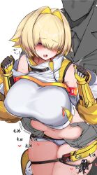  1boy 1girl ahoge belly_grab blonde_hair blush breasts elegg_(nikke) gloves goddess_of_victory:_nikke grabbing_another&#039;s_stomach hair_intakes hair_over_eyes large_breasts long_bangs long_sleeves micro_shorts multicolored_hair navel open_mouth plump purple_eyes sessue short_hair shorts simple_background solo thigh_strap thighs two-tone_hair yellow_gloves  rating:Sensitive score:11 user:danbooru