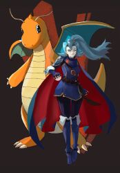  1girl 1other antennae blue_hair boots cape clair_(pokemon) claws company_connection cosplay creatures_(company) dragonite fingerless_gloves fire_emblem fire_emblem_awakening game_freak gen_1_pokemon gloves highres holding holding_poke_ball horns lucina_(fire_emblem) lucina_(fire_emblem)_(cosplay) nintendo poke_ball poke_ball_(basic) pokemon pokemon_(creature) pokemon_hgss ponytail rod_langhi single_horn smile wings 