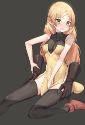 1girl absurdres bare_arms bare_shoulders black_thighhighs blonde_hair blush breasts chen_yang_yang commentary_request covered_navel covering_privates covering_crotch disembodied_hand elf embarrassed foot_out_of_frame forehead_jewel green_eyes grey_background highres isekai_ojisan medium_breasts open_mouth paid_reward_available parted_bangs pointy_ears shoes simple_background sitting solo_focus sui_(isekai_ojisan) sweatdrop thigh_grab thighhighs turtleneck wavy_mouth rating:Sensitive score:29 user:danbooru