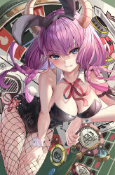  1girl alraune alternate_costume angry animal_ears aura_(sousou_no_frieren) aura_bullying_(meme) bare_shoulders black_leotard blue_eyes blush braid breasts casino cleavage clenched_teeth commentary crossed_bangs curvy demon_girl demon_horns detached_collar embarrassed eyelashes fake_animal_ears fake_tail fishnet_pantyhose fishnets foreshortening from_above hair_between_eyes hand_on_own_thigh hand_up highres holding_scale horns indoors large_breasts leotard long_hair looking_at_viewer low-braided_long_hair low-tied_long_hair meme monster_girl multiple_braids neck_ribbon pantyhose plant_girl playboy_bunny purple_hair quad_braids rabbit_ears rabbit_tail red_ribbon ribbon sitting solo sousou_no_frieren strapless strapless_leotard suidou_chaahan tail tears teeth thigh_gap thighs tsurime v-shaped_eyebrows weighing_scale white_wrist_cuffs wrist_cuffs yokozuwari 
