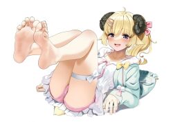  1girl :d ahoge animal_ears bare_legs barefoot blonde_hair blue_jacket blush casino_(casinoep) dress feet foot_focus full_body hair_ornament hairclip hololive horns jacket legs_together legs_up long_sleeves open_clothes open_jacket open_mouth pink_shorts ponytail purple_eyes sheep_ears sheep_horns shorts smile soles solo thigh_strap tsunomaki_watame tsunomaki_watame_(loungewear) virtual_youtuber white_dress 