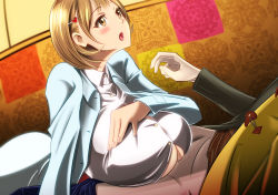 10s 1boy 1girl blonde_hair blush breast_rest breasts brown_eyes bursting_breasts dress hair_ornament hairclip hetero highres huge_breasts imaani indoors lying narusawa_ryouka no_bra occultic;nine on_stomach open_mouth paizuri paizuri_under_clothes shirt short_hair solo_focus underboob rating:Explicit score:136 user:Xander