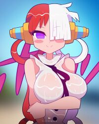 1girl artist_name breasts covering_privates female_focus flipherrrr hair_over_one_eye headphones highres large_breasts long_hair looking_at_viewer no_bra one_piece purple_eyes see-through shirt uta_(one_piece) v wet wet_clothes wet_shirt white_shirt rating:Sensitive score:45 user:Vardigiil