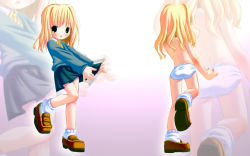 1girl ass black_eyes blonde_hair blush brown_footwear from_behind green_skirt green_sweater highres jewelry loli long_sleeves looking_at_viewer necklace open_mouth panties pop purple_background school_uniform shirt shoes skirt socks standing striped_neckwear sweater topless underwear wallpaper white_legwear white_panties white_shirt yellow_neckwear rating:Questionable score:11 user:AlmaNegra