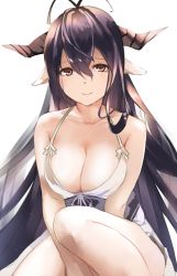 1girl antenna_hair bandages black_hair blush breasts cleavage danua draph dress granblue_fantasy hair_between_eyes highres horn_ornament horns jewelry large_breasts long_hair looking_at_viewer pointy_ears red_eyes simple_background smile solo white_background white_dress rating:Sensitive score:10 user:danbooru