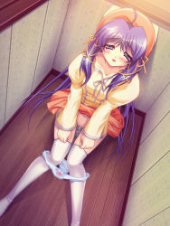 1girl bathroom blue_eyes blue_hair blush bow bow_panties breasts clothes_lift collarbone cosplay_alien game_cg hair_ribbon hat long_hair long_sleeves looking_at_viewer open_mouth panties panty_pull peeing pussy red_headwear red_skirt relief ribbon shiori_hoshi shirt shisaki_tayu sitting skirt skirt_lift small_breasts thighhighs toilet toilet_use uncensored underwear white_panties white_thighhighs yatsuha_kanan yellow_shirt rating:Explicit score:16 user:spiderfan
