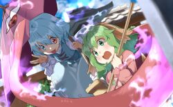  2girls animal_ears blue_eyes blue_hair blue_skirt blue_sky blue_vest broom bush cloud collared_shirt cross-laced_vest day dog_ears dress dutch_angle fire floppy_ears frilled_shirt_collar frilled_skirt frilled_sleeves frills game_cg green_eyes green_hair heterochromia holding holding_broom holding_umbrella juliet_sleeves kasodani_kyouko leaning_forward light_blush long_sleeves long_tongue looking_at_another medium_hair multiple_girls myouren_temple official_art open_mouth outdoors pink_dress puffy_sleeves purple_fire red_eyes scared shadow shirt short_hair skirt skirt_set sky tatara_kogasa tongue touhou touhou_cannonball umbrella v-shaped_eyebrows vest wavy_mouth white_shirt yuuzii 