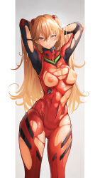  1girl absurdres arms_behind_head arms_up blue_eyes blush bodysuit breasts brown_hair curvy embarrassed gluteal_fold hair_between_eyes hair_ornament highres interface_headset lips long_hair medium_breasts multicolored_bodysuit multicolored_clothes narrow_waist neon_genesis_evangelion nipples pilot_suit plugsuit red_bodysuit shiny_clothes shiny_skin skin_tight solo souryuu_asuka_langley standing thick_thighs thighs torn_bodysuit torn_clothes two_side_up very_long_hair wide_hips yusha_m  rating:Explicit score:4 user:popotepopote