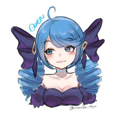 1girl :3 bare_shoulders black_bow black_dress blush bow breasts character_name cleavage collarbone cropped_shoulders detached_sleeves dress drill_hair gwen_(league_of_legends) hair_bow league_of_legends lips long_hair medium_breasts momikodayo sideways_glance simple_background smile solo strapless strapless_dress twin_drills twitter_username white_background rating:Sensitive score:7 user:danbooru