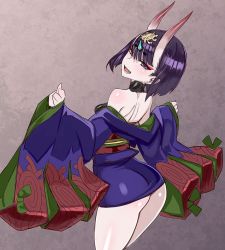  1girl ass back blush breasts choker commentary_request fang fate/grand_order fate_(series) honjou_raita horns japanese_clothes kimono looking_at_viewer off_shoulder oni open_mouth purple_eyes purple_hair shiny_skin short_hair shoulder_blades shuten_douji_(fate) sketch skin-covered_horns smile solo wide_sleeves  rating:Sensitive score:33 user:danbooru