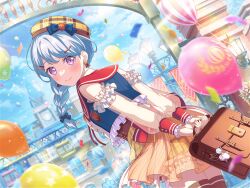  1girl arms_behind_back bag bag_charm balloon bang_dream! beret bloomers blue_hair blush bow braid building charm_(object) confetti detached_sleeves dutch_angle earrings frills from_behind hair_ornament hairclip hat hat_bow holding holding_bag jewelry leaning_forward light_blue_hair looking_at_viewer looking_back matsubara_kanon nail_polish official_art orange_nails outdoors plaid plaid_skirt purple_eyes sailor_collar school_bag see-through see-through_skirt see-through_sleeves side_braid skirt smile solo thighhighs third-party_source underwear 