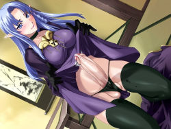 1girl black_gloves black_panties black_thighhighs blue_eyes blue_hair blush braid breasts choker clenched_teeth clothes_lift cum dress dress_lift dutch_angle elf embarrassed fate/stay_night fate_(series) futanari gloves indoors kneeling large_breasts lipstick long_hair makeup matching_hair/eyes medea_(fate) navel panties parted_bangs penis pointy_ears precum side_braid skirt skirt_lift solo splush_wave tatami teeth testicles thighhighs thighs underwear rating:Explicit score:121 user:luls