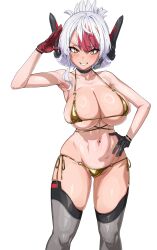  1girl alternate_costume bare_shoulders bikini black_gloves blush breasts chisato_heathaze choker cleavage commentary_request cosmic_break cowboy_shot gloves gold_bikini grin groin hand_on_own_hip hand_up headgear headset highres large_breasts looking_at_viewer micro_bikini multi-strapped_bikini_top multicolored_hair navel o-ring o-ring_bikini one-piece_tan red_gloves red_hair shiny_swimsuit shitagani short_hair side-tie_bikini_bottom simple_background skindentation smile solo standing stomach streaked_hair string_bikini swimsuit tan tanline thighhighs two-tone_gloves two-tone_hair white_background white_hair yellow_eyes 
