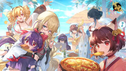  1boy 5girls :d ahoge alcohol animal_ears arm_on_another&#039;s_shoulder arm_up bell beret bird black_gloves black_hair blonde_hair blue_dress blue_eyes blue_hair blush bow braid breasts brown_hair cat_ears cat_girl champagne champagne_flute chicken_leg cleavage closed_mouth cocktail commentary_request computer cup dress drill_hair drinking_glass eating eyewear_on_head food french_braid fruit glasses gloves hair_bell hair_between_eyes hair_bow hair_bun hair_ornament hair_ribbon hat highres hood hood_up ichihime jingle_bell kisaragi_ayane laptop large_breasts leaning_forward ling_(mahjong_soul) logo long_bangs long_hair long_sleeves looking_at_viewer mahjong_soul medium_bangs medium_breasts mirai_(mahjong_soul) multiple_girls musical_note neckerchief off-shoulder_sweater off_shoulder official_art open_mouth orange_(fruit) orange_slice parakeet partially_fingerless_gloves pepperoni pizza purple_sailor_collar purple_shirt qing_luan ransei_(mahjong_soul) red-framed_eyewear red_bow red_eyes red_neckerchief red_ribbon ribbon sailor_collar shine_cheese shinomiya_fuyumi shirt short_hair shrimp shrimp_tempura single_hair_bun small_breasts smile summer sunglasses sweater tempura twin_drills upper_body very_long_hair waving wavy_hair white_dress white_hat wide_sleeves yellow_sweater 