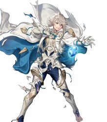 1boy armor barefoot blue_cape blue_pants broken_armor cape clenched_teeth corrin_(fire_emblem) corrin_(male)_(hoshido_noble)_(fire_emblem) damaged dragonstone fire_emblem fire_emblem_fates fire_emblem_heroes gauntlets grey_hair highres male_focus nintendo non-web_source official_alternate_costume official_art pants pointy_ears red_eyes rope shimenawa solo teeth torn_cape torn_clothes white_armor white_cape