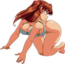  1girl alcione_makoto all_fours ass ass_focus bare_legs blue_eyes blush brown_hair foreshortening highres huge_ass long_hair looking_back micro_panties naughty_face neon_genesis_evangelion open_mouth panties skindentation skirt solo source_request souryuu_asuka_langley thong transparent_background underwear white_panties wide_hips 