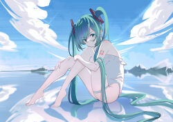 1girl absurdres blue_hair hatsune_miku highres kaguyamaou long_hair one-piece_swimsuit swimsuit twintails vocaloid white_one-piece_swimsuit