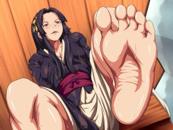  barefoot black_hair blush brown_eyes dress feet foot_focus japanese_clothes kimono leg_up legs long_hair maku_(l-u) sitting soles sweat toes  rating:Questionable score:42 user:kuminside