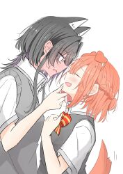  2girls animal_ears asanagi_yori black_hair blue_eyes blush bow bowtie braid cat_ears closed_eyes closed_mouth collared_shirt commentary_request dog_ears dog_girl dog_tail eye_contact french_braid full-face_blush grey_sweater_vest hand_on_another&#039;s_chin height_difference highres kino_himari long_hair looking_at_another medium_hair multiple_girls nemu1423 open_mouth orange_hair red_bow red_bowtie red_eyes sasayaku_you_ni_koi_wo_utau school_uniform shirt short_sleeves simple_background smile striped_bow striped_bowtie striped_clothes sweater_vest tail upper_body white_background white_shirt yuri 