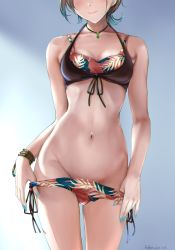  1girl asakura_toru bare_shoulders bikini bikini_pull black_hair blue_hair blue_nails blush bracelet breasts cleavage closed_mouth clothes_pull collarbone follen_(639594) front-tie_top gradient_hair head_out_of_frame highres idolmaster idolmaster_shiny_colors jewelry layered_bikini multicolored_hair nail_polish navel necklace print_bikini pulled_by_self short_hair side-tie_bikini_bottom smile solo standing stomach swimsuit undressing 