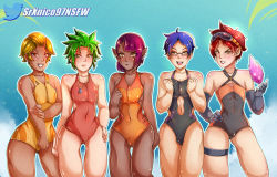 5boys absurdres androgynous angry blonde_hair blue_hair brown_eyes brown_hair bulge competition_swimsuit crossdressing curvy dark-skinned_male dark_skin elf glasses gloves green_hair happy highres jewelry male_focus multiple_boys navel necklace one-piece_swimsuit orange_eyes piercing pinup_(style) pointy_ears purple_hair short_hair shota smile srxnico97 swimsuit take_your_pick trap yellow_eyes  rating:Questionable score:47 user:SrXnico97