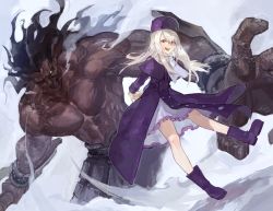  1boy 1girl absurdres arm_behind_back armor black_hair blonde_hair boots bracelet breath crack dark-skinned_male dark_skin fate/stay_night fate_(series) fingernails frills fur_hat glowing glowing_eye hat heracles_(fate) highres holding holding_weapon huge_filesize illyasviel_von_einzbern jewelry long_hair manly muscular navel open_mouth outdoors papakha pink_eyes purple_footwear purple_headwear size_difference smile snow steam teeth topless_male uedrk_yamato weapon winder winter_clothes yellow_eyes 