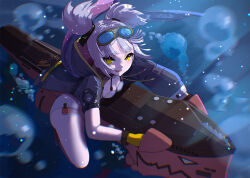  1girl :d air_bubble azur_lane bare_shoulders black_jacket blonde_hair blue_jacket breasts bubble cleavage diving echo_(lowlow808) fang from_above gloves goggles goggles_on_head hood hooded_jacket jacket leaning_forward leaning_on_object looking_at_viewer looking_up medium_hair one-piece_swimsuit open_clothes open_jacket open_mouth riding rigging slit_pupils small_breasts smile solo straddling submarine submerged swimsuit thighs twintails u-96_(azur_lane) watercraft white_one-piece_swimsuit yellow_eyes 