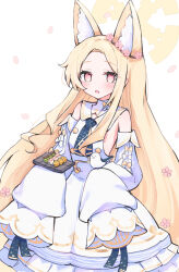  1girl animal_ear_fluff animal_ears bird blonde_hair blue_archive commentary_request dango detached_sleeves dress falling_petals flower food forehead fox_ears fox_girl fox_tail frilled_dress frills hair_flower hair_ornament halo highres long_hair long_sleeves looking_at_viewer orange_eyes parted_bangs parted_lips petals plate sailor_collar sailor_dress sateto_(user_knrf2332) school_uniform seia_(blue_archive) sidelocks simple_background skewer sleeves_past_fingers sleeves_past_wrists solo_focus tail turtleneck wagashi white_background white_dress white_sailor_collar wide_sleeves 