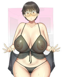  1girl absurdres black_negligee blush breasts brown_eyes brown_hair female_pubic_hair glasses highres huge_breasts indoors large_areolae large_breasts lifting_own_clothes lingerie looking_at_viewer negligee nipples original plump poyonken pubic_hair see-through short_hair solo standing sweat underwear 