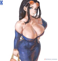  1girl abs bag bare_shoulders black_hair blue_dress blue_eyes breasts cleavage covered_erect_nipples covered_navel dress gold_bracelet hand_on_own_hip handbag howxen large_breasts looking_at_viewer muscular muscular_female navel nico_robin off_shoulder one_piece patreon_logo patreon_username sunglasses veins veiny_breasts white_background 