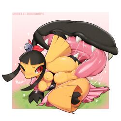  1girl artist_name ass_grab autocunnilingus black_hair black_skin blush border breasts colored_skin creatures_(company) cunnilingus deep_penetration delicious_soup dress embarrassed extra_mouth female_focus full_body functionally_nude game_freak gen_3_pokemon grabbing_own_ass grass highres leg_up long_hair long_tongue looking_to_the_side lying masturbation mawile medium_breasts monster_girl multicolored_skin nintendo nipples on_side one_eye_closed open_clothes open_dress oral pink_background pink_dress pokemon pokemon_(creature) ponytail pussy red_eyes saliva shortstack sidelocks simple_background solo stomach_bulge tongue two-tone_skin uncensored white_border yellow_skin 