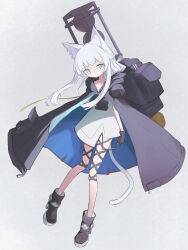  1girl animal_ear_fluff animal_ears ankle_boots arknights arm_at_side backpack bag black_coat black_footwear black_gloves boots cat_ears cat_girl cat_tail coat coat_on_shoulders dress empty_eyes full_body gloves green_eyes grey_background grey_hair hand_on_own_chest highres long_hair neumo_(_neumo_) rosmontis_(arknights) simple_background solo tail thigh_strap white_dress 