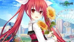 1girl 2019 :d bow copyright_name date_a_live dress ferris_wheel floating_hair flower from_side hair_between_eyes hair_bow highres holding holding_flower itsuka_kotori long_hair long_sleeves looking_at_viewer official_art open_mouth pinafore_dress red_dress red_eyes red_hair shirt sleeveless_dress smile solo sunflower twintails upper_body very_long_hair white_bow white_shirt rating:Sensitive score:7 user:danbooru